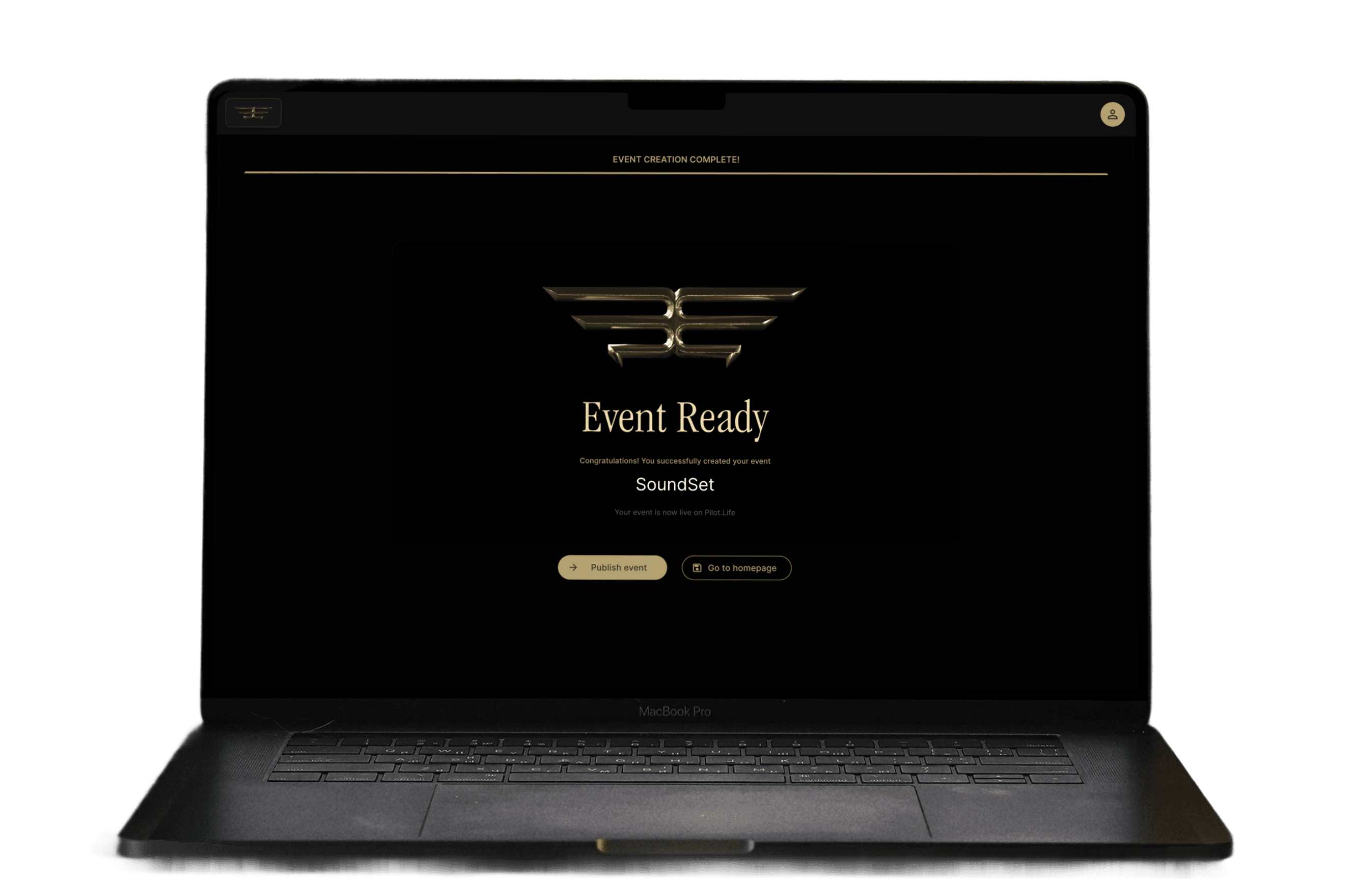 MacBook Pro laptop with the web browser showing Pilot Life event creation ready panel